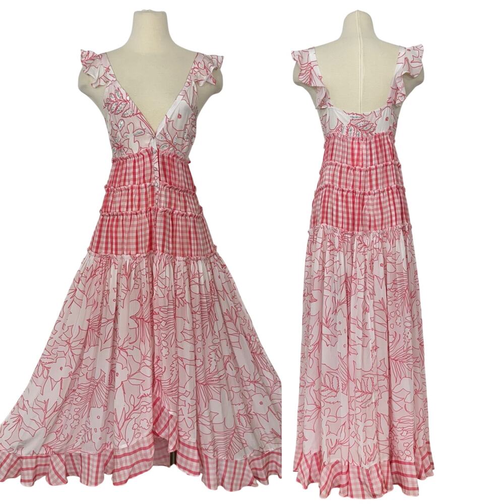 Rococo Sand Tiered Ruffle Maxi Dress Pink Gingham and Floral S NWT